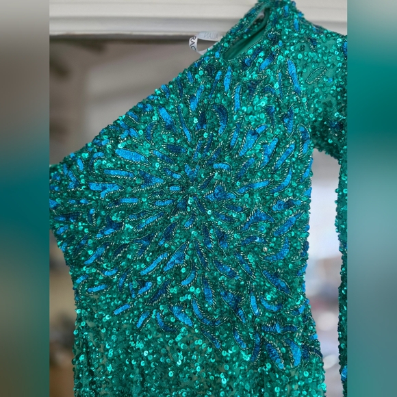 Rachel Allan Teal Sequin Beaded Homecoming Formal Fringe Prom Shoulder Dress 0 - Picture 2 of 9